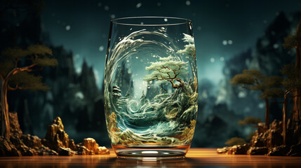 stormy seas and nature in glass. with details subtly incorporated into the glossy glass 3d generative ai