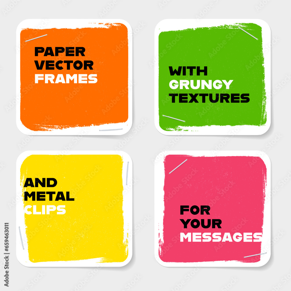 Poster set of four paper frames in different colors with grungy borders and metal clips