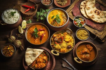 Assortment of traditional Indian dishes. Generative AI