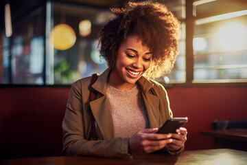 Young curly black woman laughing while looking at your mobile phone