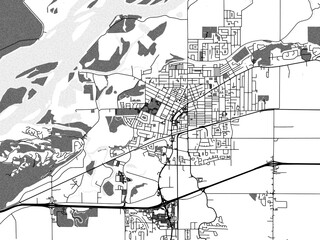 Greyscale vector city map of  Chilliwack British Columbia in Canada with with water, fields and parks, and roads on a white background.