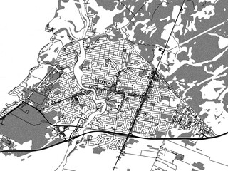 Greyscale vector city map of  Châteauguay Quebec in Canada with with water, fields and parks, and roads on a white background.