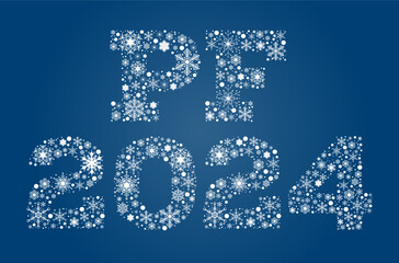 Inscription PF 2024 from white snowflakes on blue background