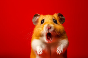 Portrait of hamster with funny surprised expression on its face on red background