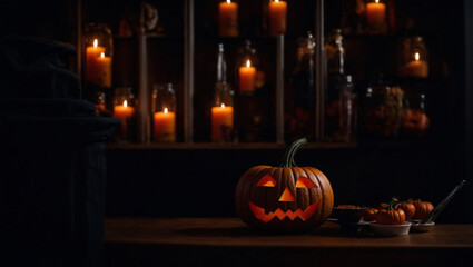 Halloween pumpkin lantern with black background. Generative Ai