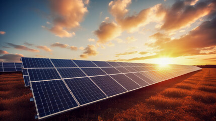 Solar panels in autumn landscape at sunset