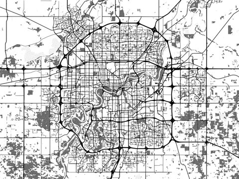 Greyscale vector city map of  Edmonton Alberta in Canada with with water, fields and parks, and roads on a white background.
