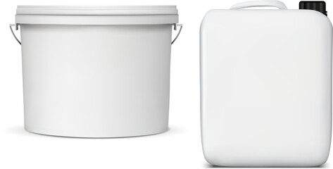 Mock-up of white plastic bucket and canister for water, paints, building materials, chemicals etc. - obrazy, fototapety, plakaty