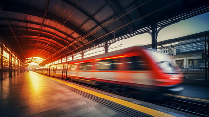 Fototapeta na wymiar Modern train passes through covered railway station in beautiful light of sunset