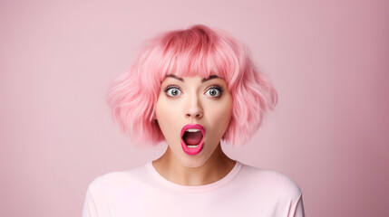 Portrait of young woman with funny surprised expression on her face - obrazy, fototapety, plakaty