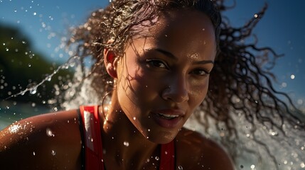 Obraz premium Olive Oasis. Toned Caucasian Beauty in Red Bikini