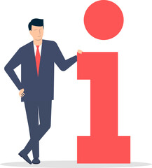 A young man in a suit presents information. Vector illustration.