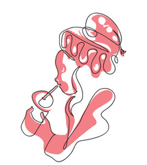 One line drawing of vurly ha,r woman drinking coffee.
One continuous line drawing of drinking coffee in autumn