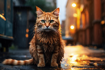 Ginger wet sad stray cat