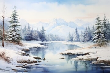 Mountains, forests, and a lake in a watercolor scene, winter landscape