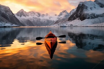 Winter kayaking in snowy Antarctica with a mountainous landscape and a journey through a lake. Generative AI - obrazy, fototapety, plakaty