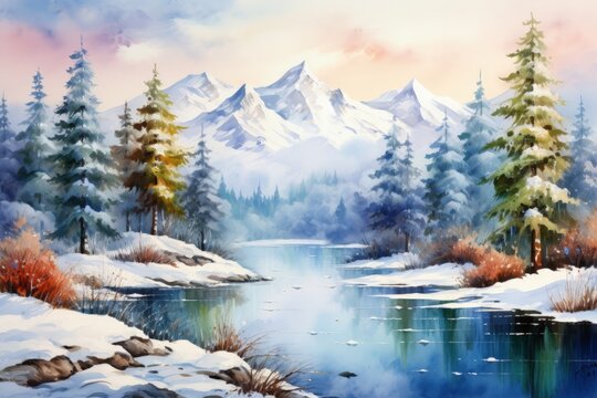 Mountains, forests, and a lake in a watercolor scene, winter landscape