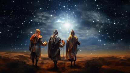 The Three Wise Men carry gifts through the desert guided by the stars. Christmas concept.