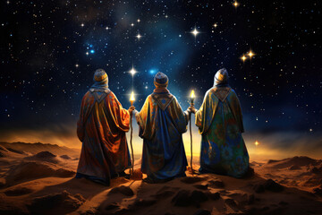 The Three Wise Men carry gifts through the desert guided by the stars. Christmas concept. - obrazy, fototapety, plakaty