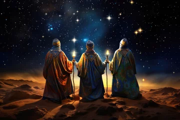 Poster The Three Wise Men carry gifts through the desert guided by the stars. Christmas concept. © Alfonso Soler