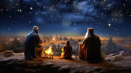 Fotobehang The Three Wise Men carry gifts through the desert guided by the stars. Christmas concept. © Alfonso Soler