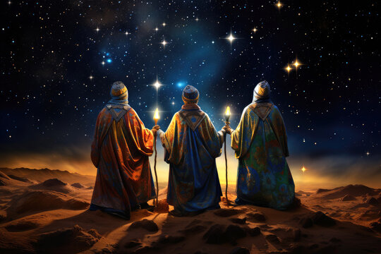 The Three Wise Men carry gifts through the desert guided by the stars. Christmas concept.