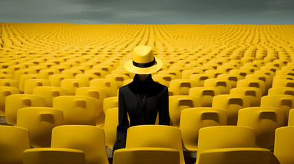 Human in a yellow hat in an empty stadium, with rows of yellow seats