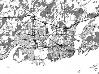 Greyscale vector city map of  Kingston Ontario in Canada with with water, fields and parks, and roads on a white background.