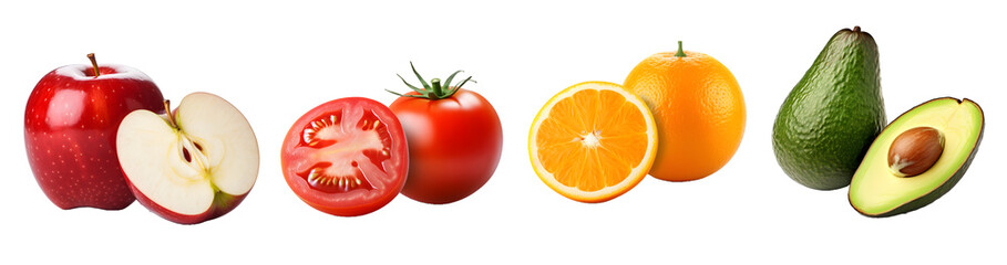 Apples, tomatoes and oranges on transparent PNG background, isolated on white background, Generative Ai