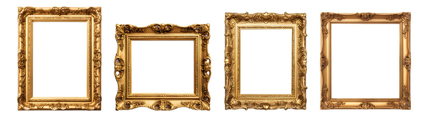 Antique picture frame on transparent PNG background, gold, isolated on white background, Generative Ai