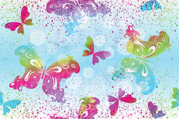 Fototapeta na wymiar Vector seamless spring pattern with vintage colorful butterflies and stars