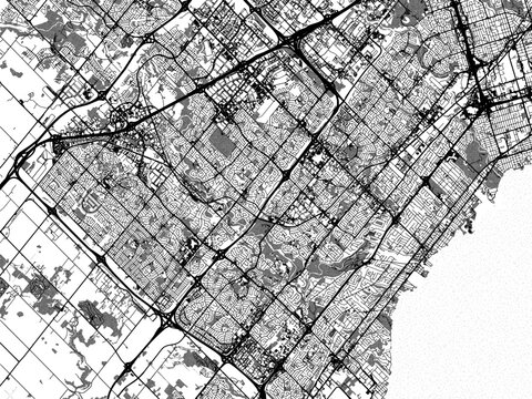 Greyscale vector city map of  Mississauga Ontario in Canada with with water, fields and parks, and roads on a white background.