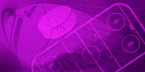 Abstract background in purple colors with different hockey symbols such as puck, stick, ice rink, cup