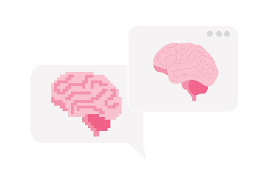 Concept of computer generating an image, artificial intelligence at work, drawing a request. Human brain in flat and in pixel art design. Isolated vector illustration