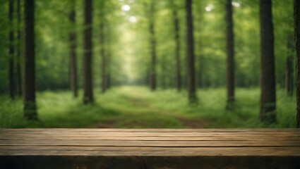 wooden table with blurred forest background