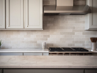 Neutral colored kitchen with natural light, marble tile backsplash, marble countertops, island, modern cabinetry, gas stove and stainless steel extractor fan front view mockup