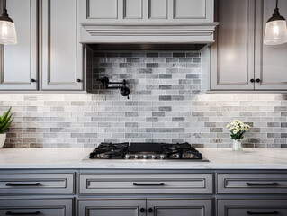Modern gray and white colored kitchen with natural light, tile backsplash, white marble countertops, modern cabinetry, gas stovetop, front view mockup - obrazy, fototapety, plakaty