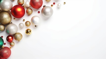 Luxury New Year's balls and toys on a white background with bokeh lights on Christmas Eve