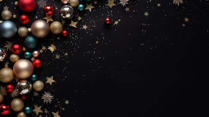 Luxury multi-colored New Year's balls and toys on a black background on Christmas Eve, copy space - obrazy, fototapety, plakaty