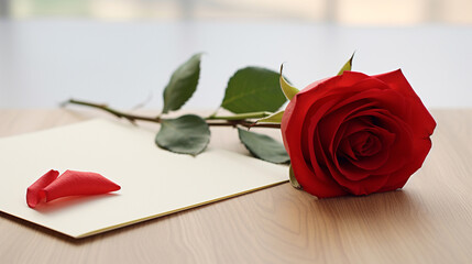 red rose and leaf on the letter with blurred background, Valentine day concept 
