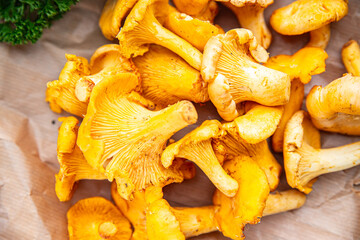 chanterelle mushroom tasty fresh chanterelles mushrooms food snack on the table copy space food background rustic top view  - obrazy, fototapety, plakaty