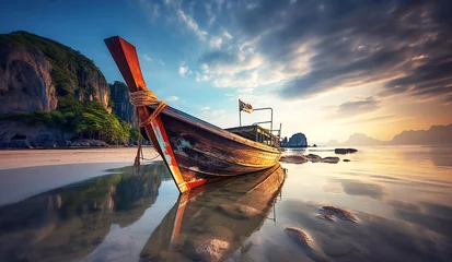 Zelfklevend Fotobehang Tropical beach ocean seascape traditional wooden long tail boat  © Feathering Flower