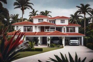 House with gray walls with white details, a red tiled roof, a front garden with abundant tropical plants, palm trees, sidewalk, driveway and garage