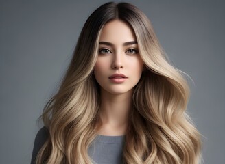 Naklejka premium A laid-back portrait showcasing a girl with gorgeous long hair against a cool grey backdrop. Generative AI