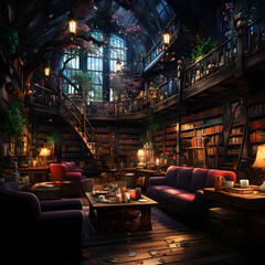 Fototapeta na wymiar Old cozy library interior in the night