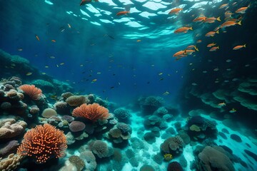 Fototapeta na wymiar Landscape of the deep water and coral reefs. Lagoon of deep blue water