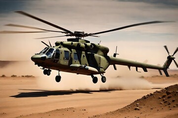Military helicopter in a theatre of conflict. a war helicopter serving in the army lands in the desert