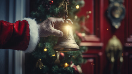 santas hand ringing a switch of a door bell of a rural house door with cinematic effect 