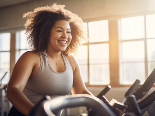 Smiling plus size young black woman working out in gym - obrazy, fototapety, plakaty