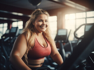 Fototapeta na wymiar Smiling plus size young woman working out in gym